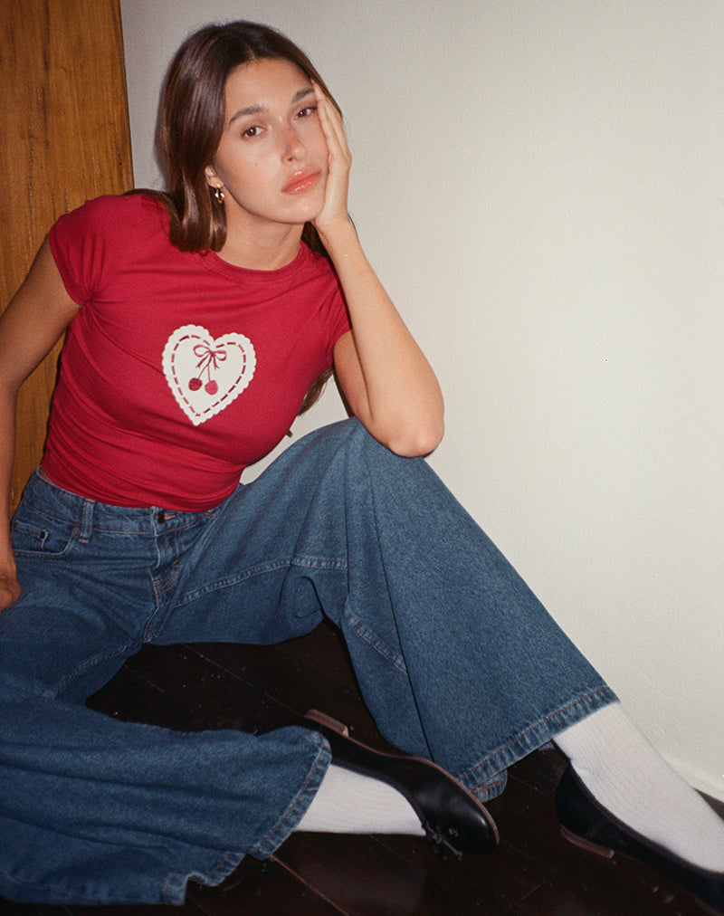 Image of Sutin Baby Tee in Adrenaline Red with Embroidered Cherry Heart