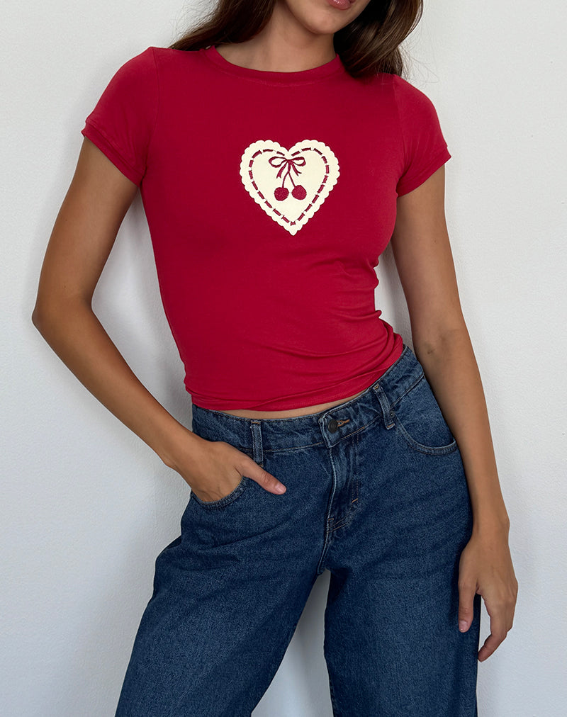 Sutin Baby Tee in Adrenaline Red with Embroidered Cherry Heart