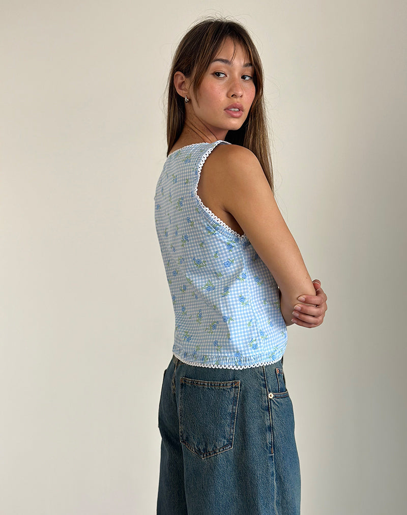 image of Ternya Top in Blue Flower Gingham