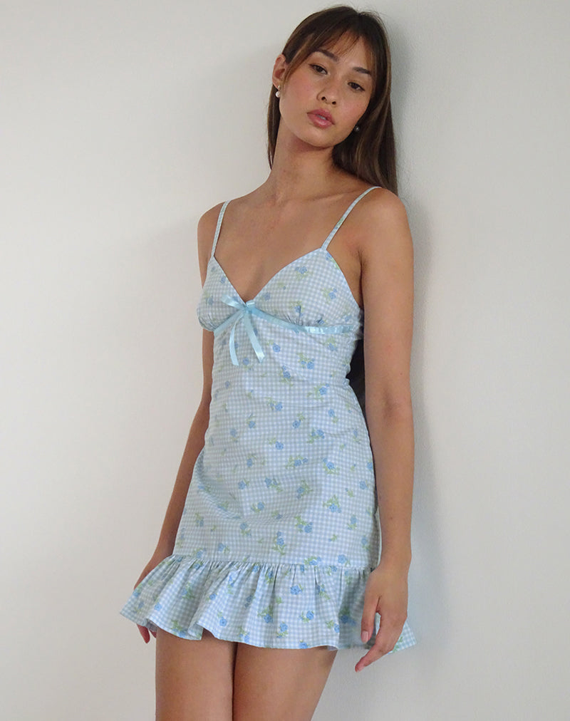 image of Tivata Mini Dress in Blue Flower Gingham