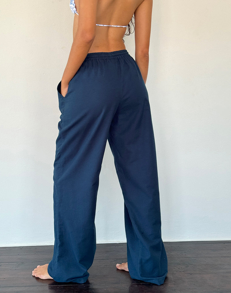 Image of Wasic Wide Leg Linen Trouser in Navy