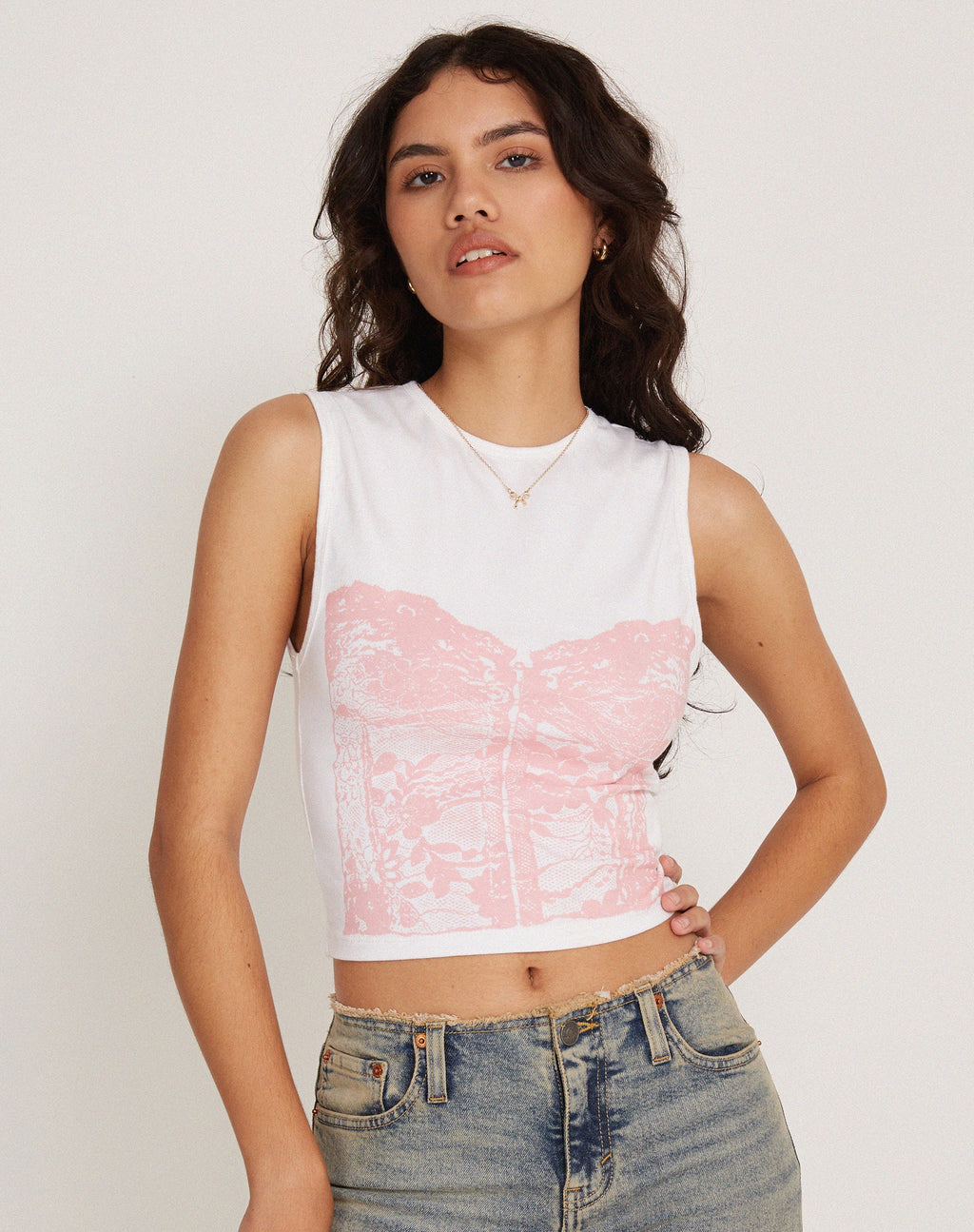 Monlo Vest Top in Wit Roze Korsetprint