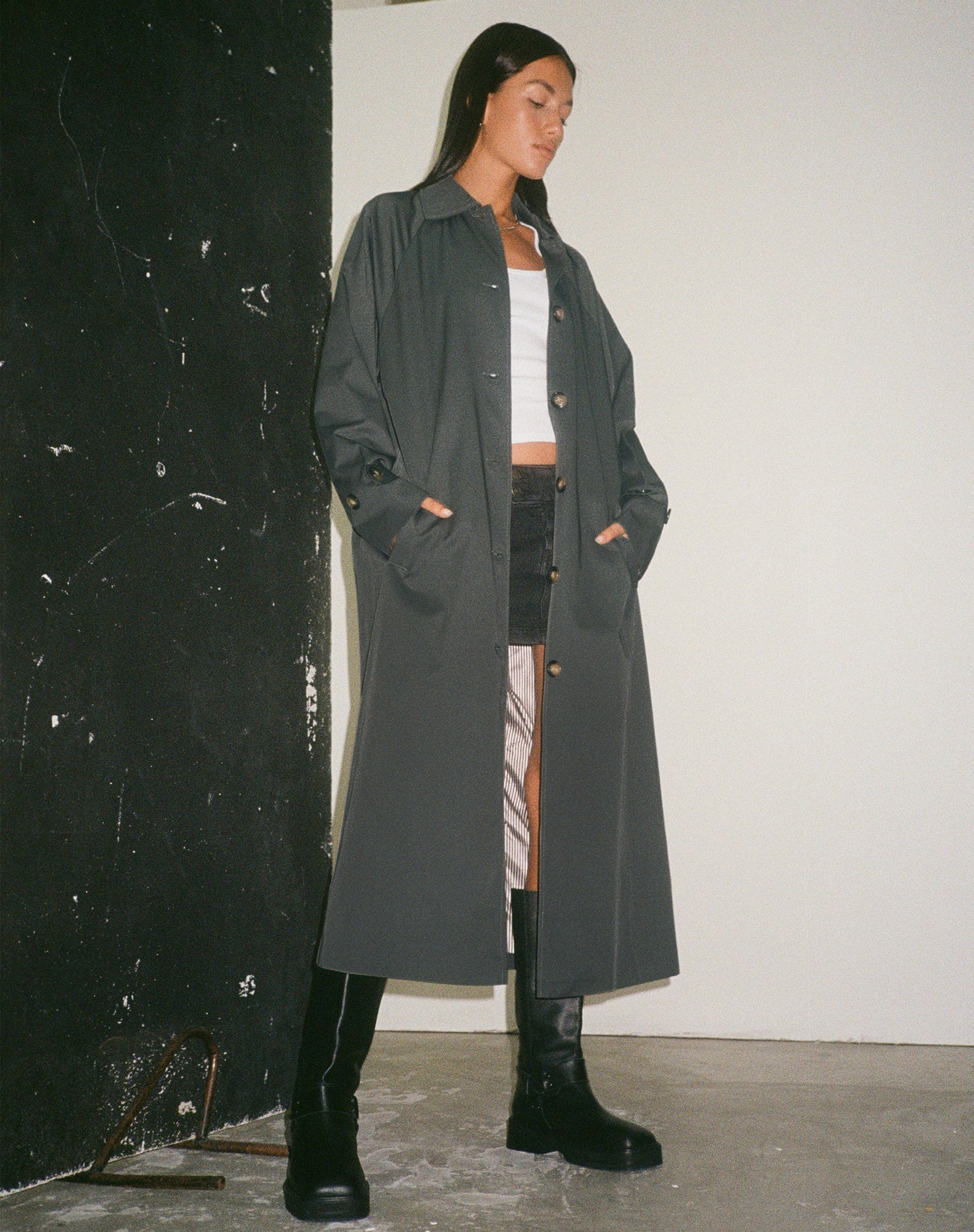 Charcoal trench clearance coat