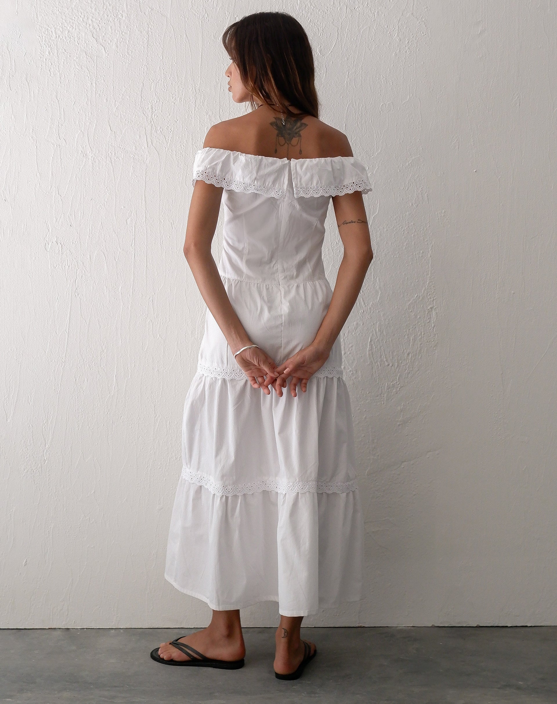 Image of Helpa Tiered Bardot Maxi Dress in White