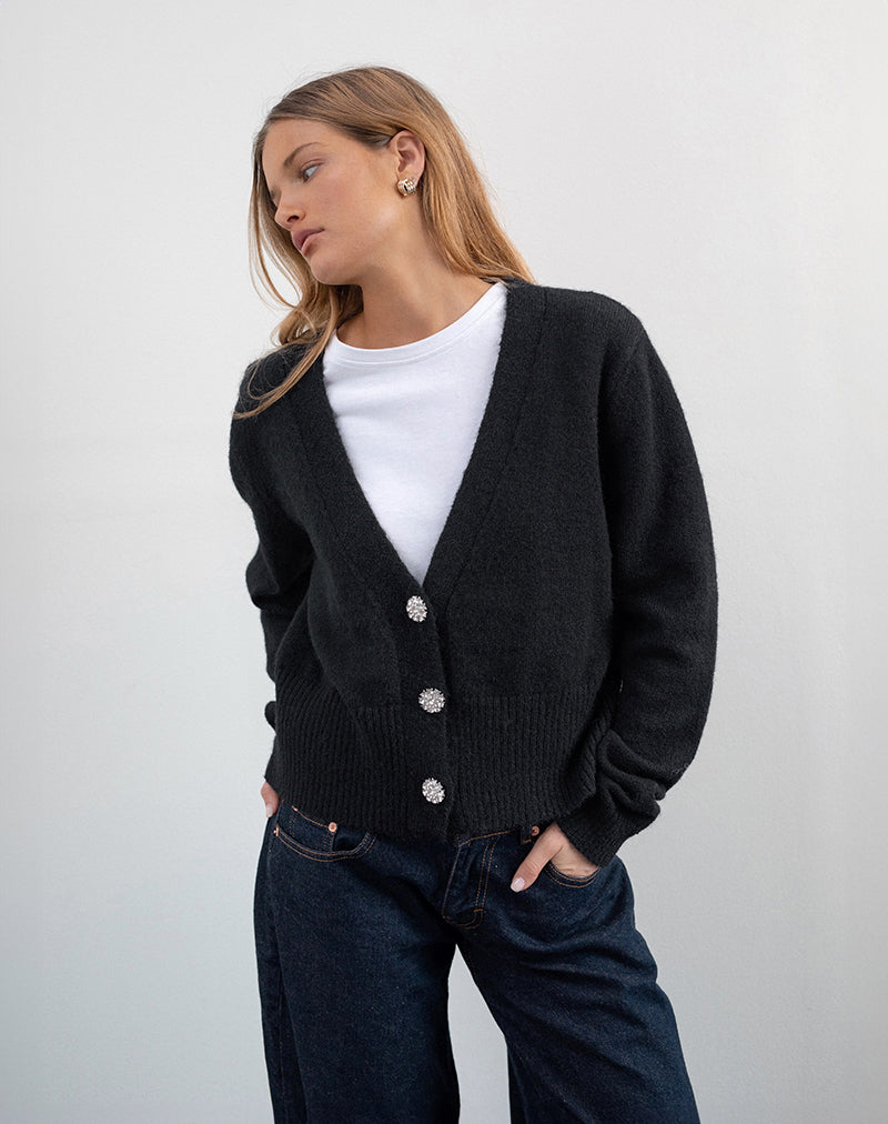 Image of Acera Knitted Cardigan in Black with Silver Flower Buttons