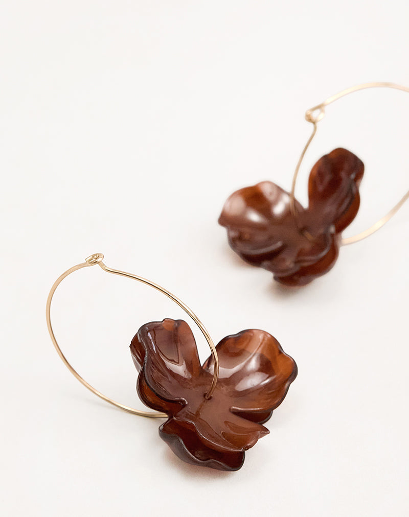 Image of Acrylic Brown Flower Gold Hoop Earrings