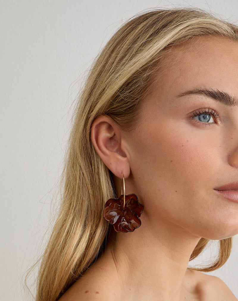 Acrylic Brown Flower Gold Hoop Earrings
