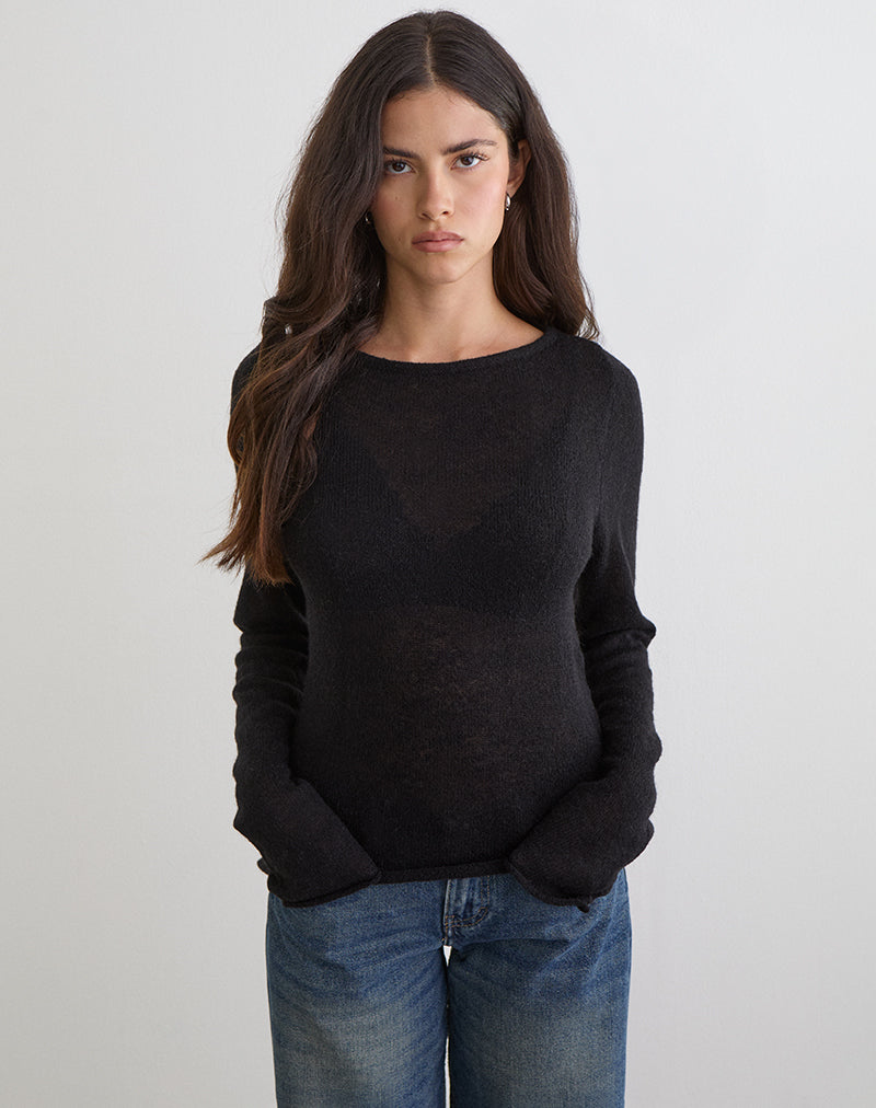 Image of Aika Long Sleeve Top in Sheer Knit Black