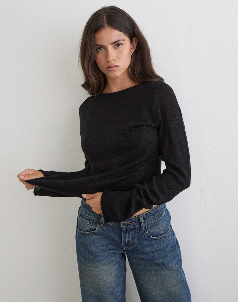 Image of Aika Long Sleeve Top in Sheer Knit Black