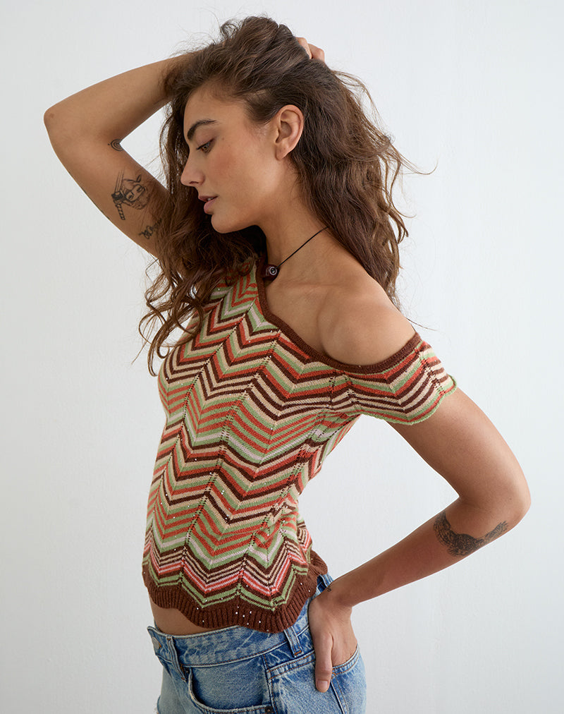Image of Aisling Off Shoulder Top in Green Multi Stripe