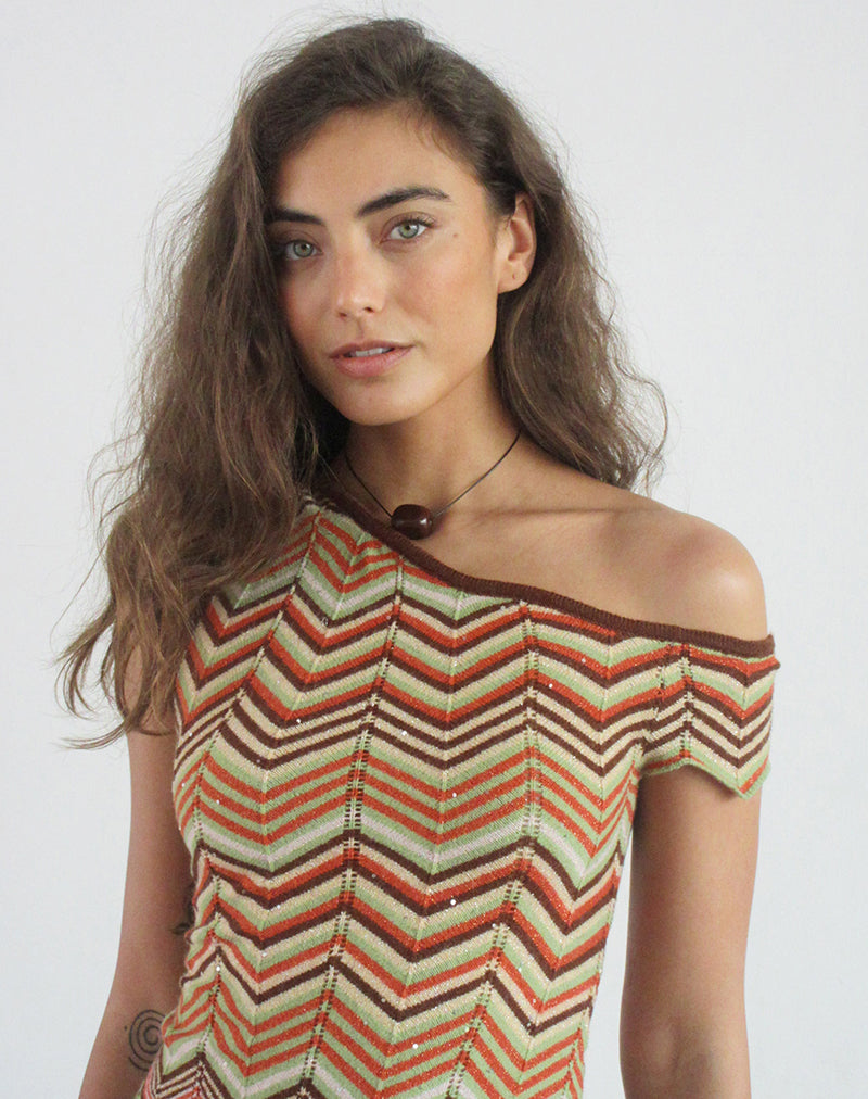 Image of Aisling Off Shoulder Top in Green Multi Stripe