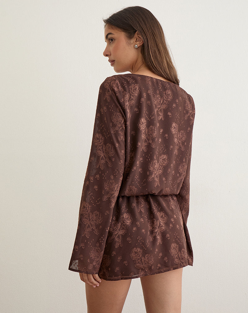 Image of Alaia Mini Dress in Floral Jacquard Chiffon Brown