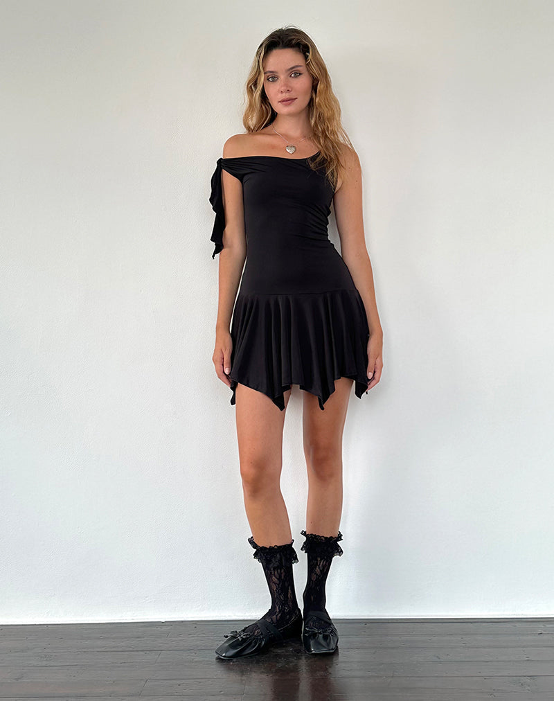Image of Alba Midi Asymmetric Ruffle Dress in Black