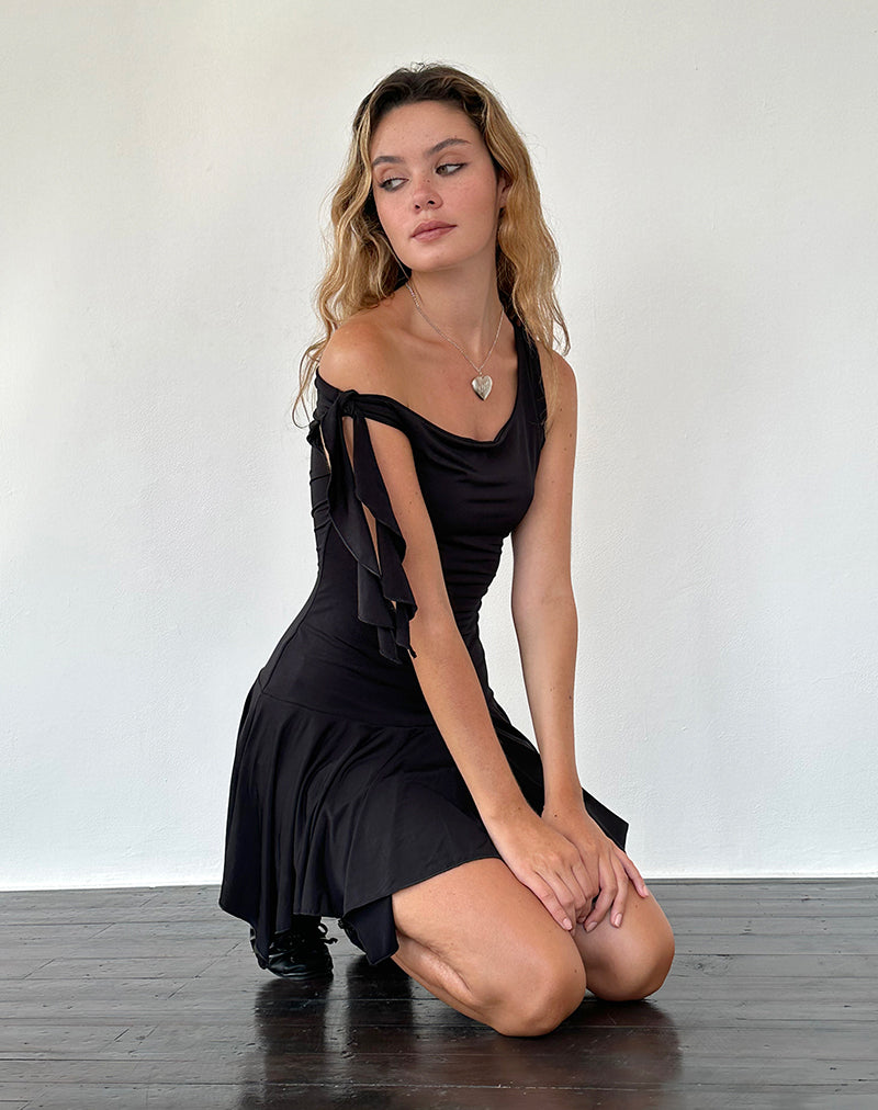 Image of Alba Midi Asymmetric Ruffle Dress in Black