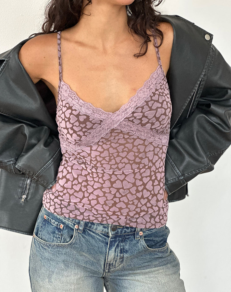 Image of Alcesta Top in Brown Flock Mesh with Pink Heart Print