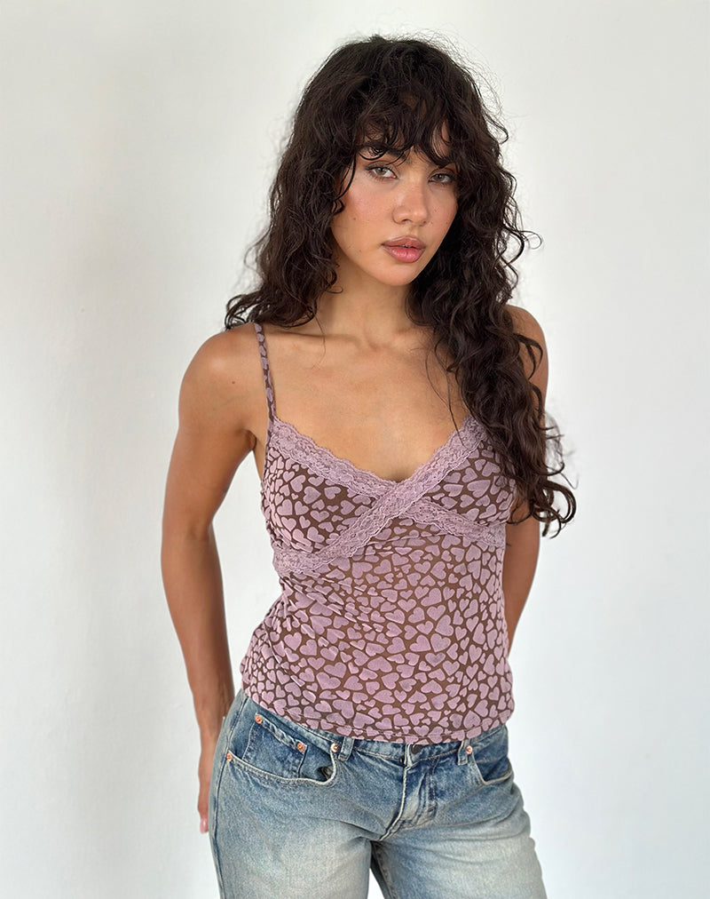 Alcesta Top in Brown Flock Mesh with Pink Heart Print