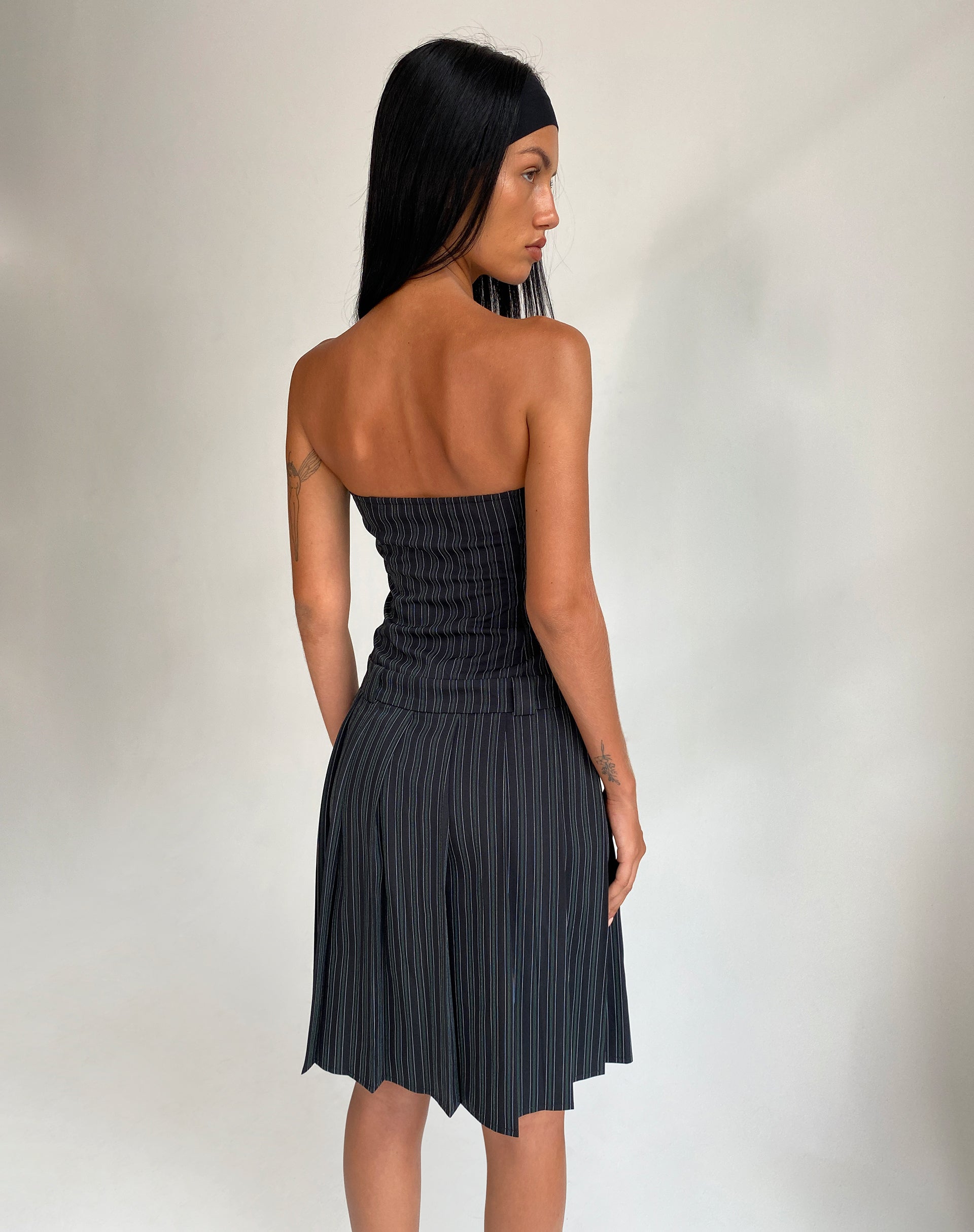 Image of Aldari Bandeau Midi Dress in Tailoring Black Pinstripe