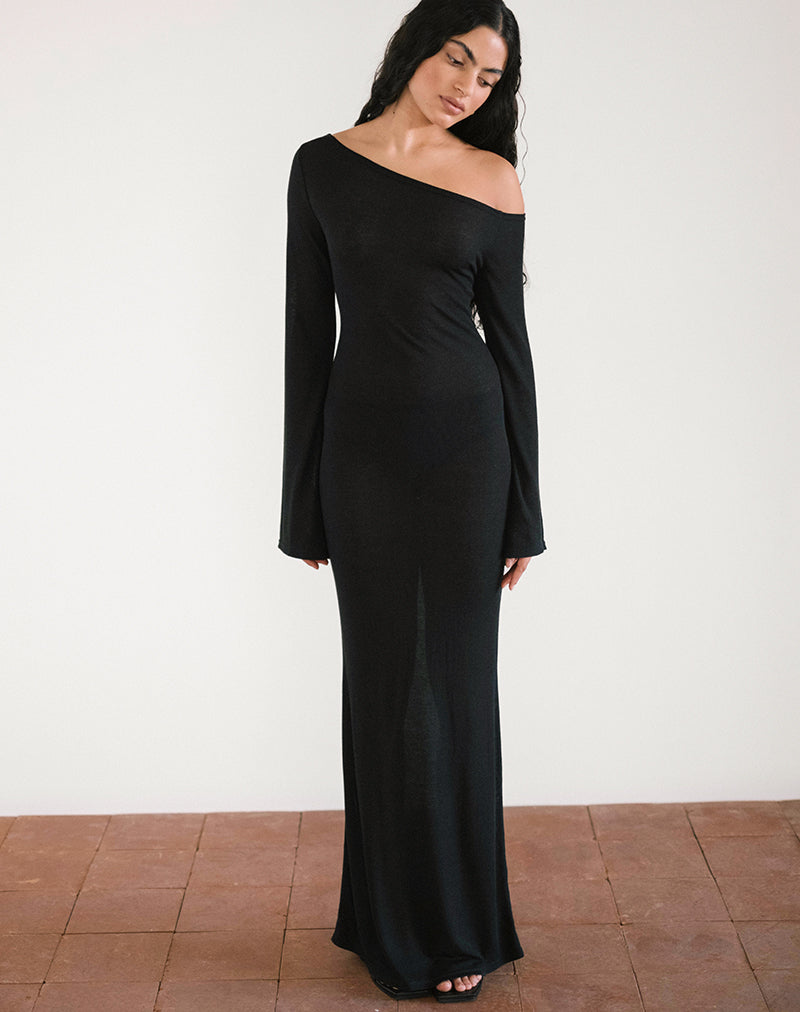 Aldiana Long Sleeve Asymmetric Maxi Dress in Sheer Knit Black