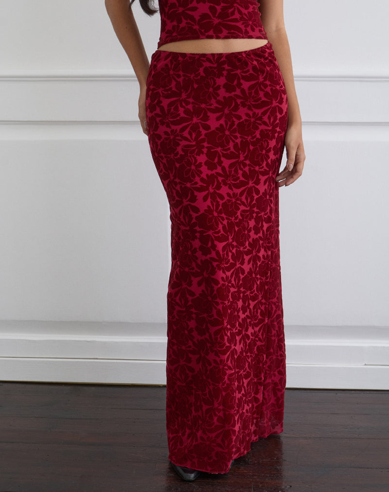 Image of Alfreda Maxi Skirt in Flocked Mesh Flower Cherry