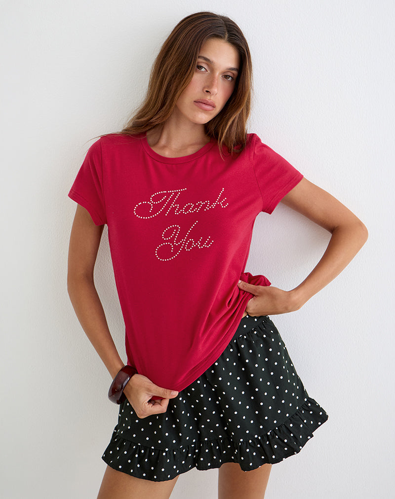 Alio Tee in Scarlet Red with Diamante Thank You Graphic