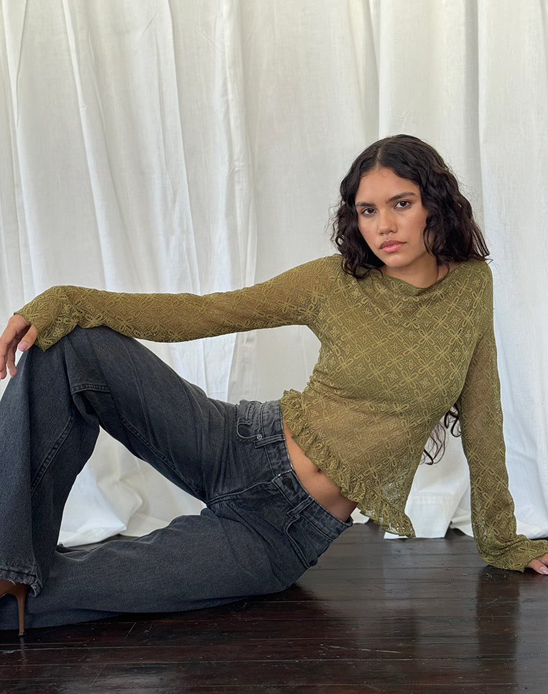 Allegra Long Sleeve Top in Textured Moss Green Lace