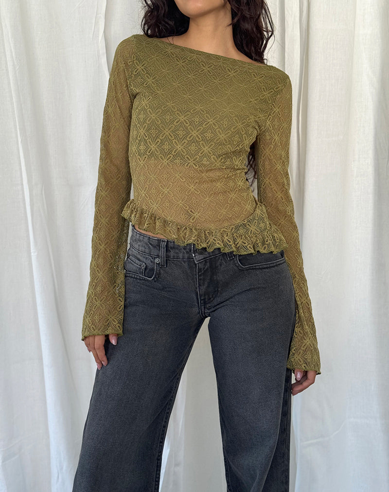 Image of Allegra Long Sleeve Top in Textured Moss Green Lace