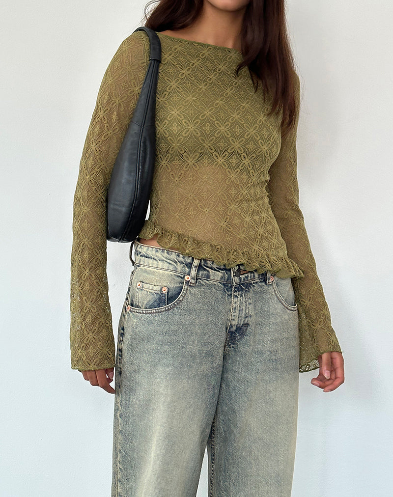 Allegra Long Sleeve Top in Textured Moss Green Lace