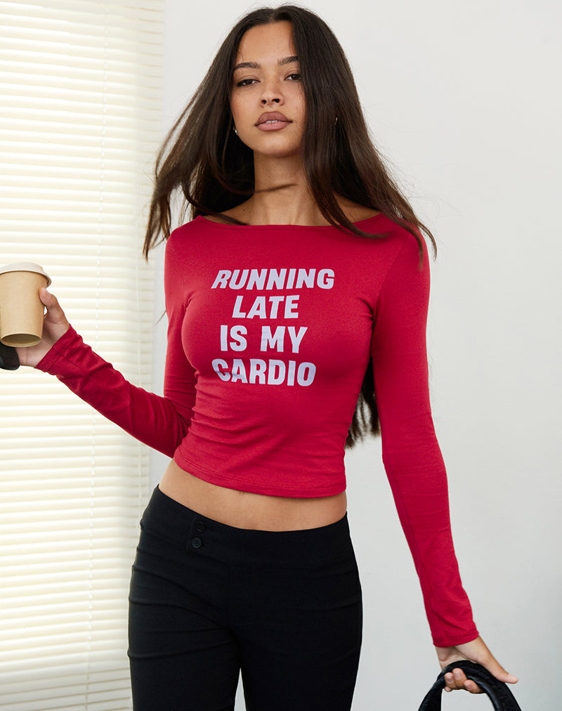 Image of Amabon Long Sleeve Top in Adrenaline Red with Running Late Slogan