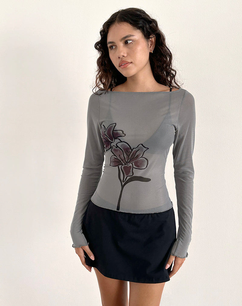 Amabon Long Sleeve Top in Dark Grey with Burgundy Lily