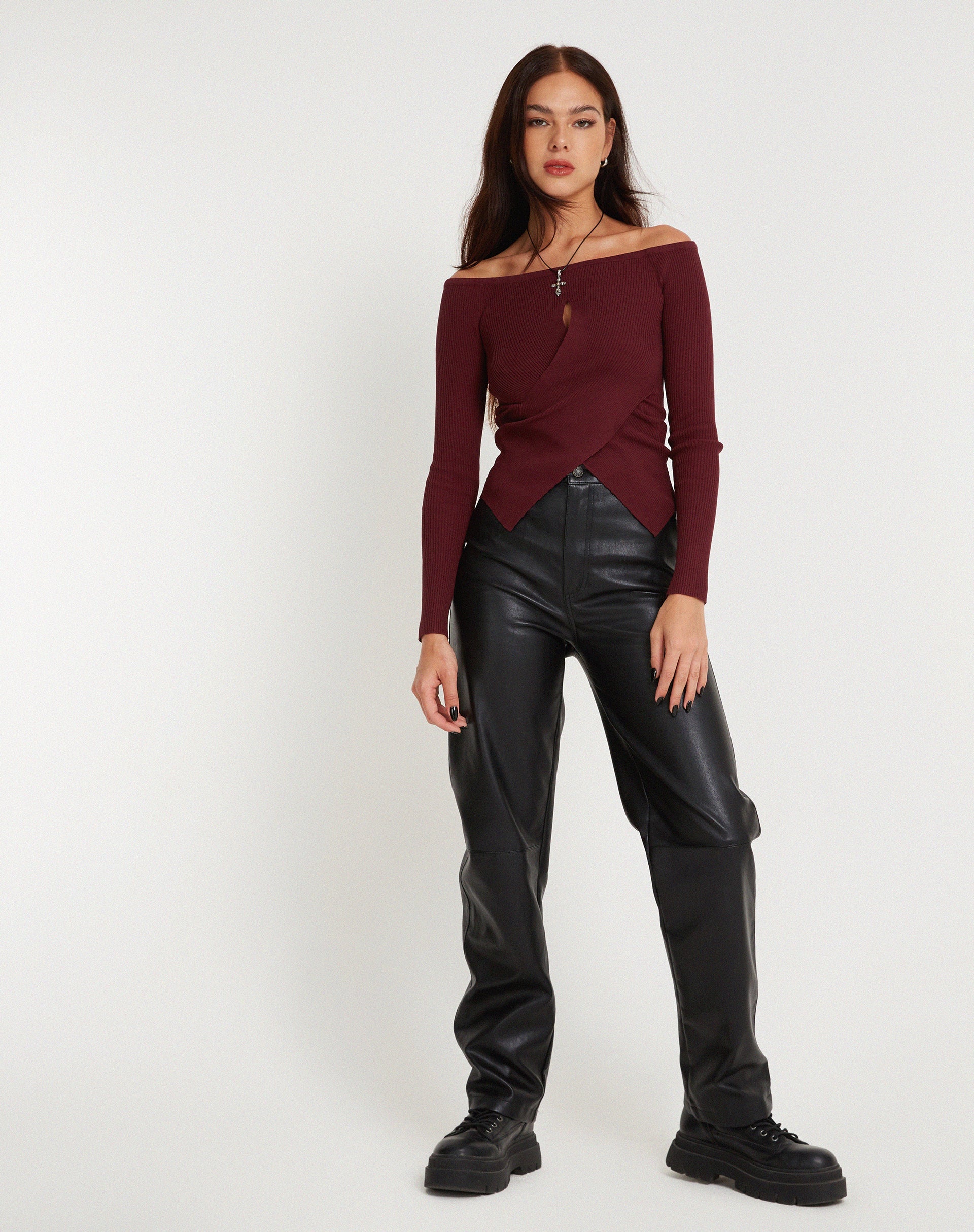 Image of Amandari Bardot Long Sleeve Top in Marron