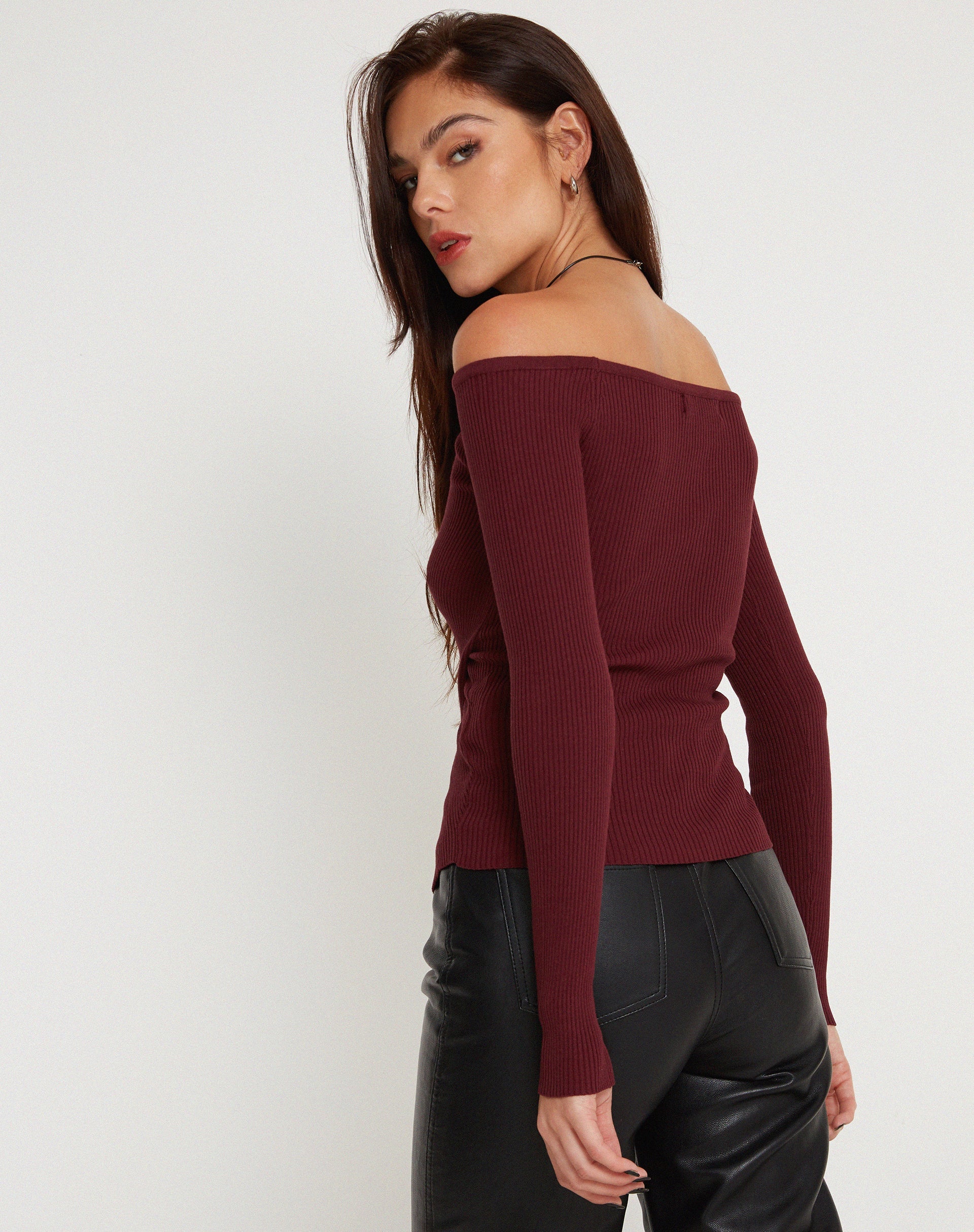 Image of Amandari Bardot Long Sleeve Top in Marron