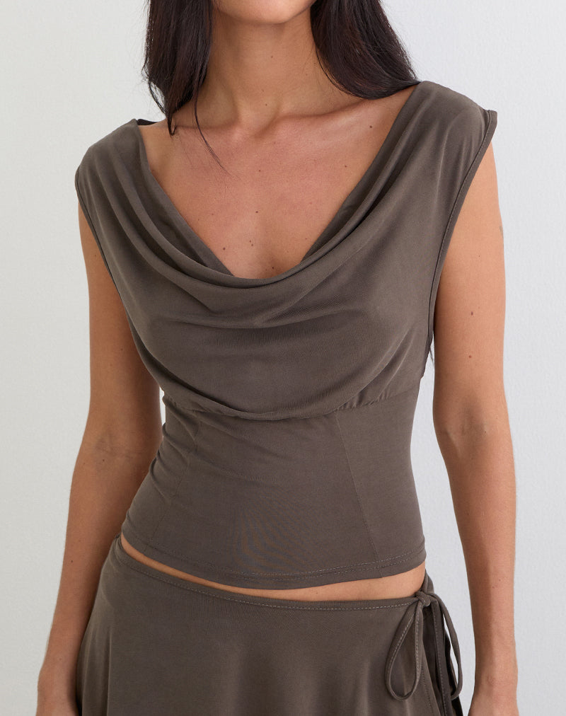 Wiyana Cowl Neck Top in Cupro Dark Brown