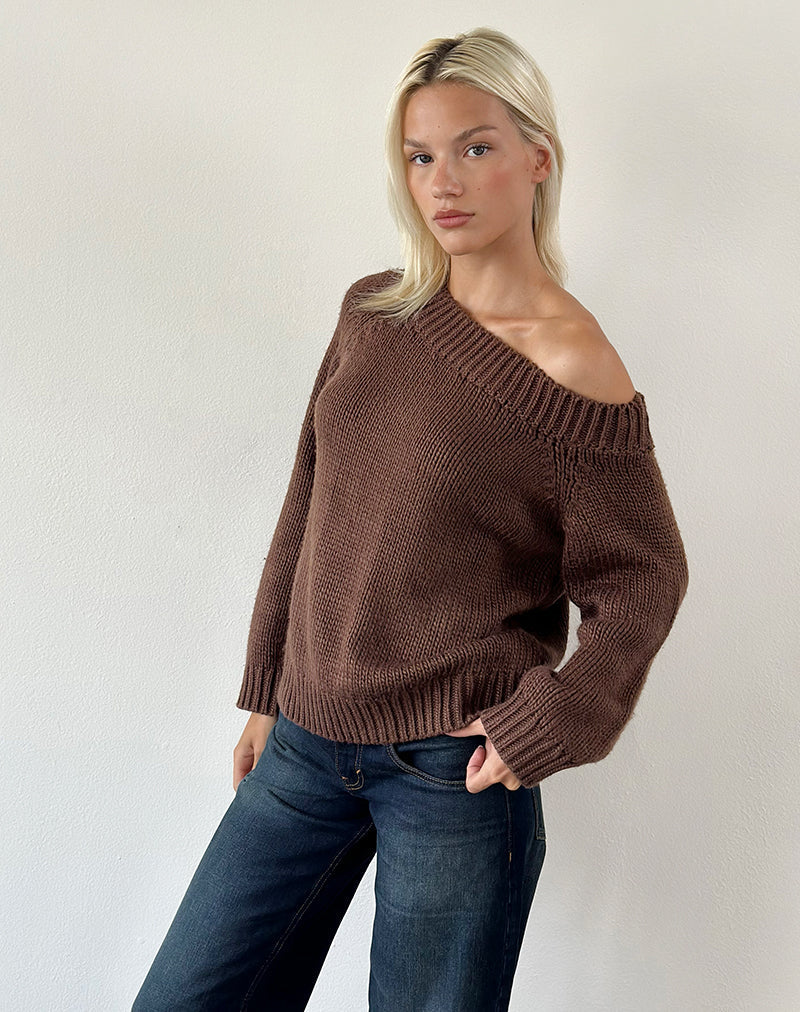 Image of Anasera Off Shoulder Jumper in Chocolate Brown
