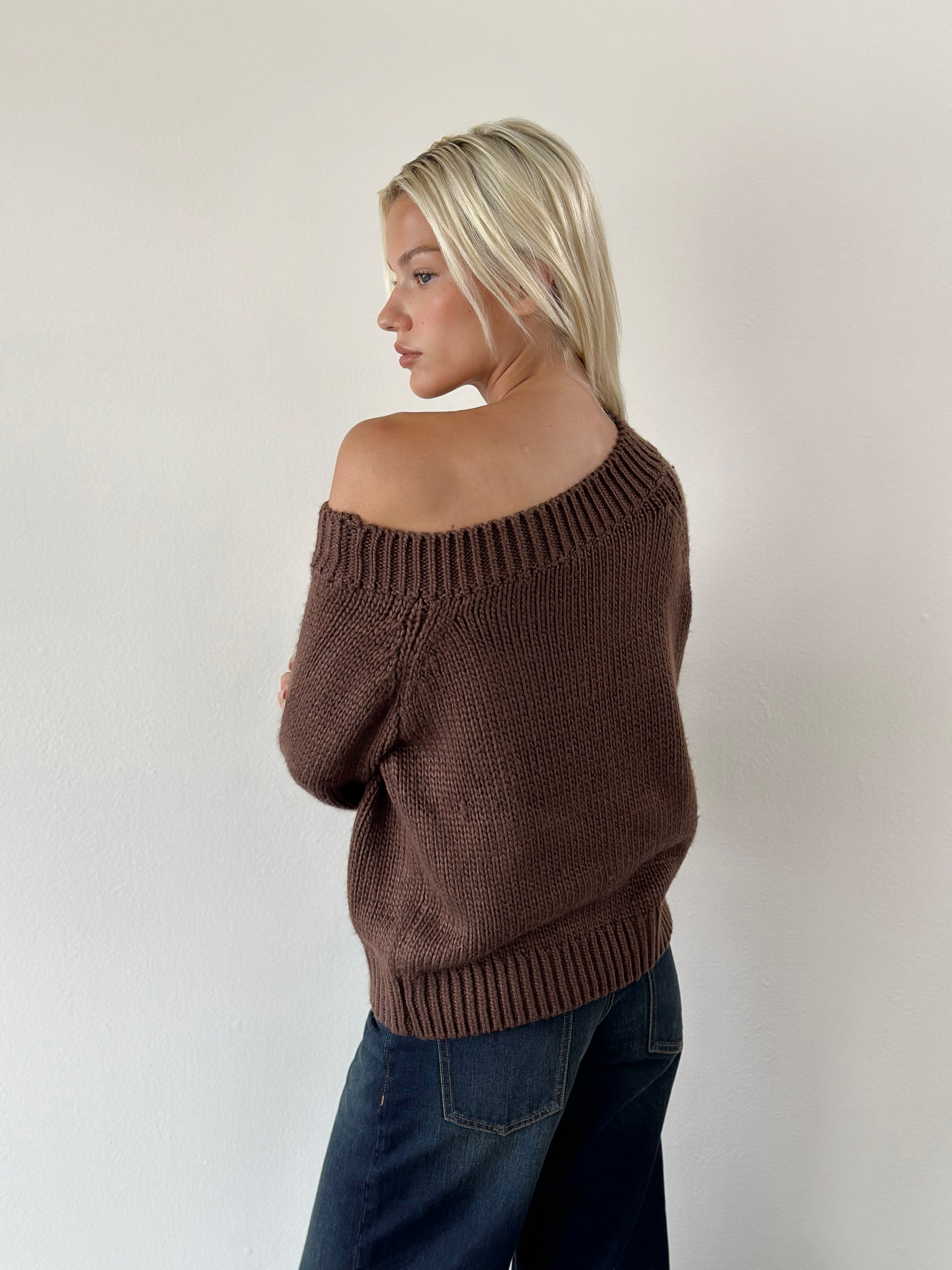 Image of Anasera Off Shoulder Jumper in Chocolate Brown