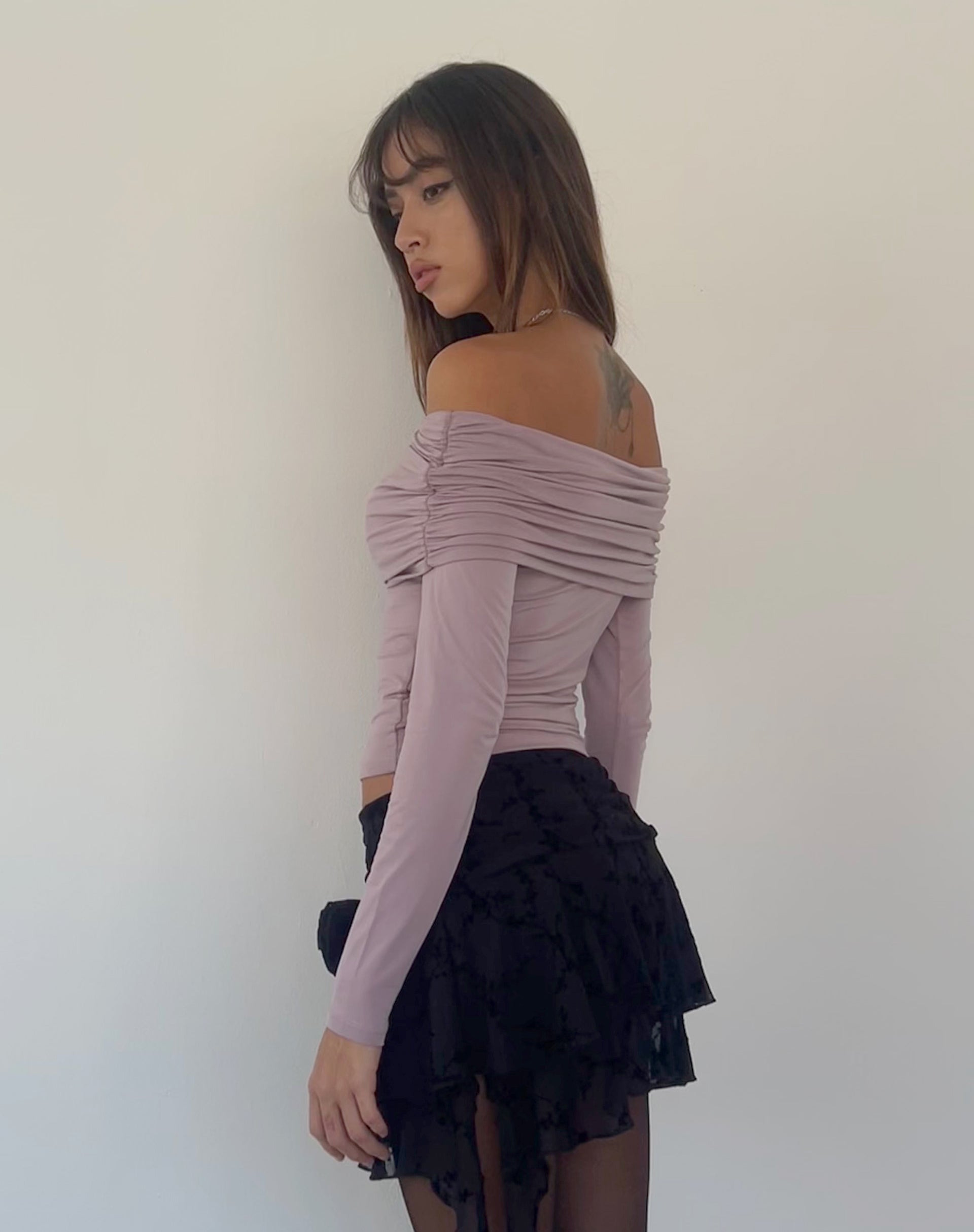 Image of Andi Long Sleeve Bardot Top in Slinky Mauve