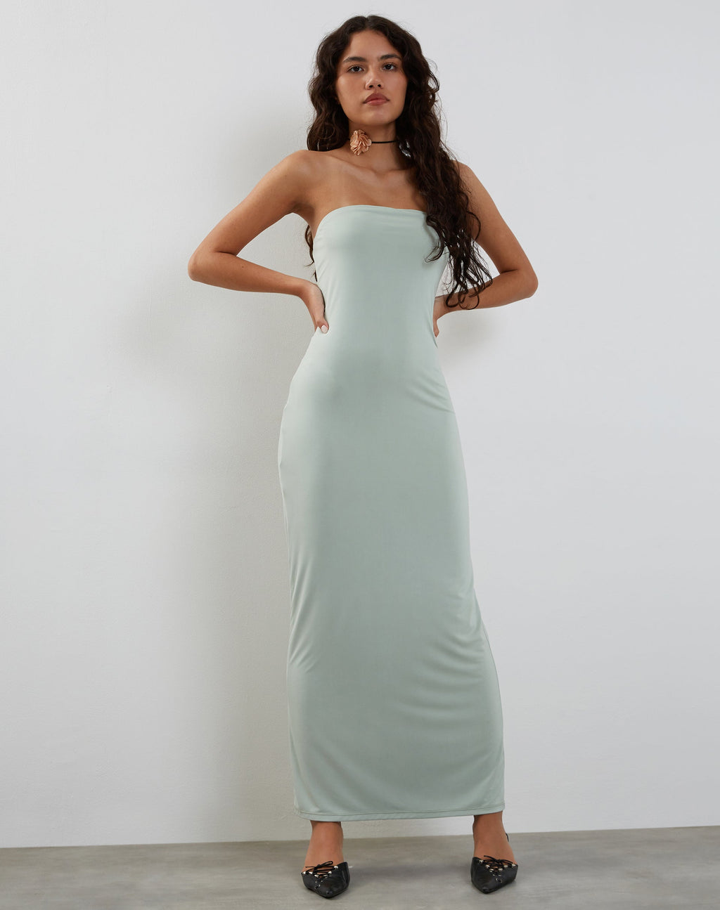 Annalise Bandeau Slinky Maxi Dress in Mint