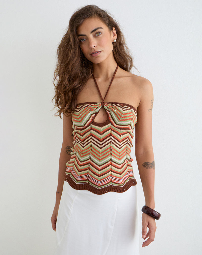 Image of Anona Halter Top in Green Multi Stripe