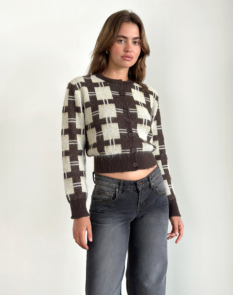 Anzio Knitted Cardigan in Check Brown