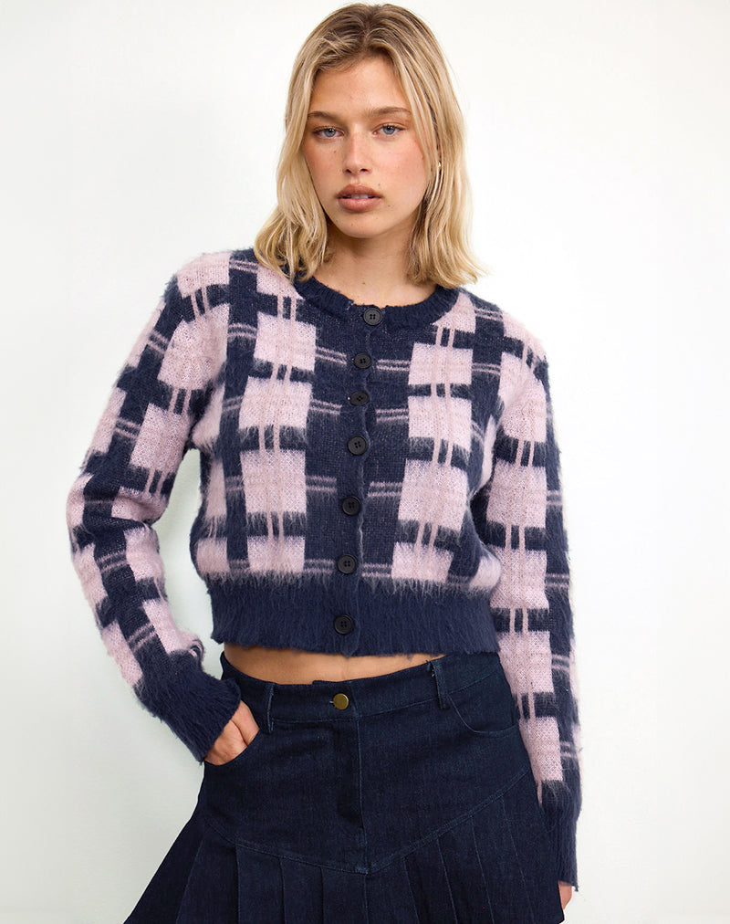 Cardigan boutonné Anzio à carreaux multiples bleu marine et rose