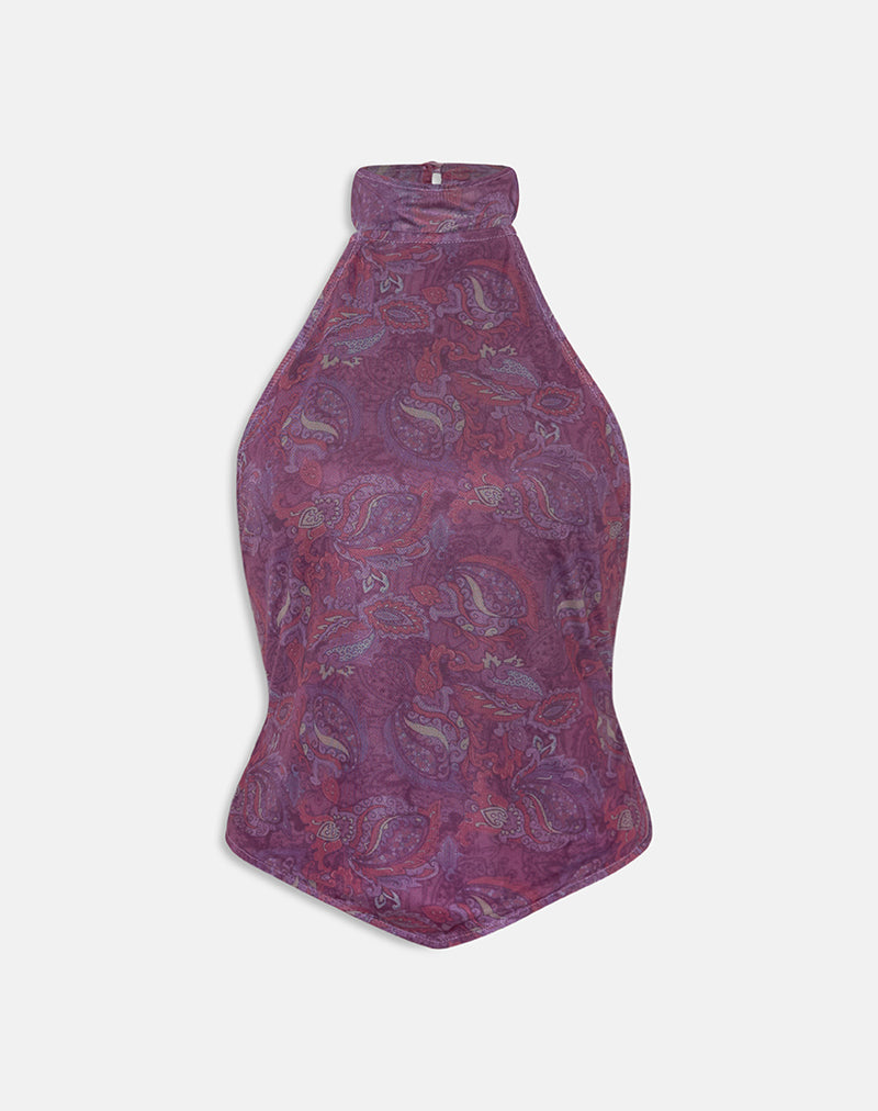 Image of Ares Halterneck Top in Purple Regal Paisley