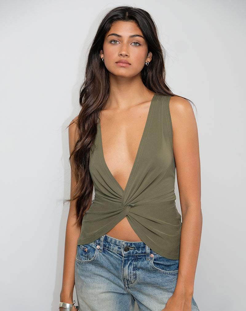 Arlys Twist Detail Top in Cupro Khaki