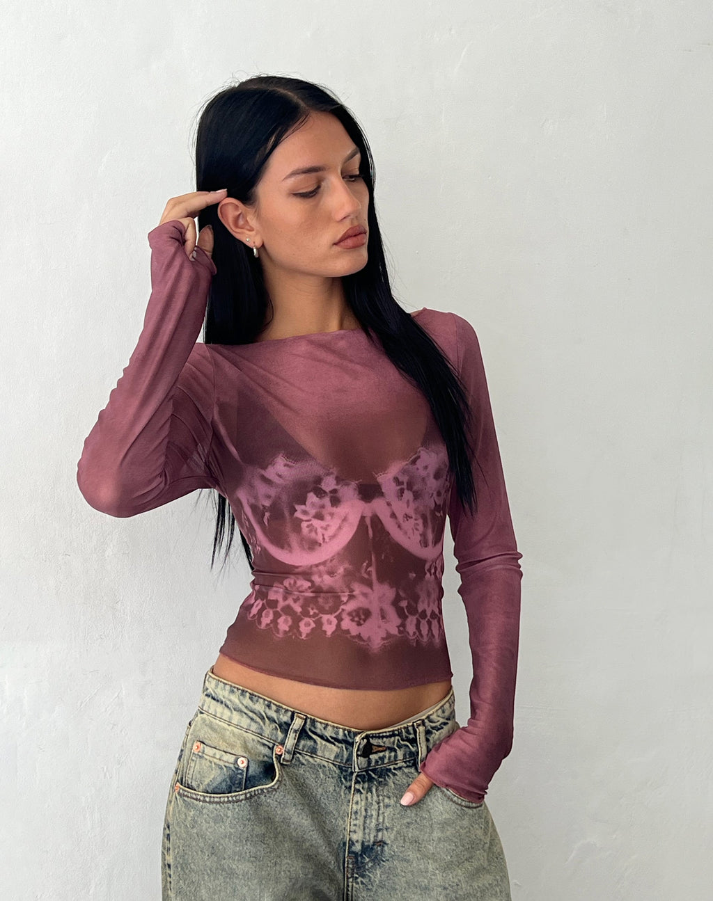 Armali Long Sleeve Top in Burgundy with Lace Bra Scan
