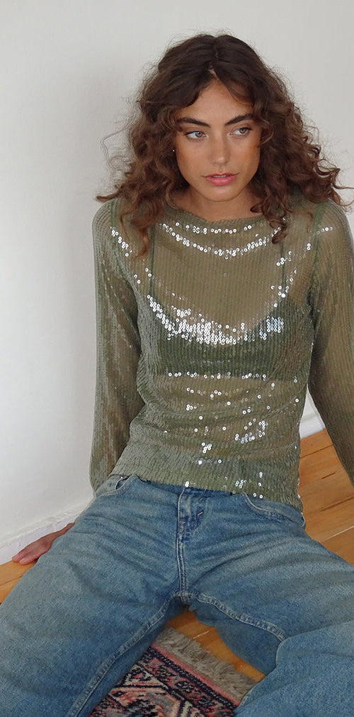 Image of Ashram Top in Clear Khaki Green Sequin