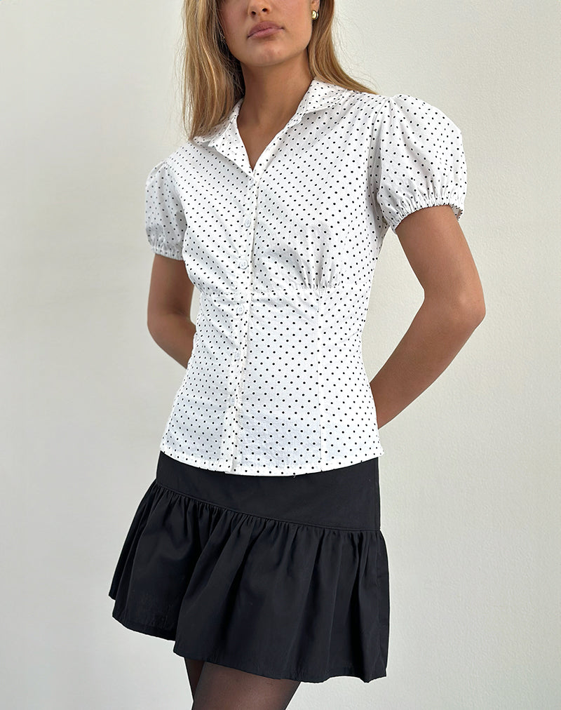 Image of Aspen Puff Sleeve Blouse in Micro Polka White and Black