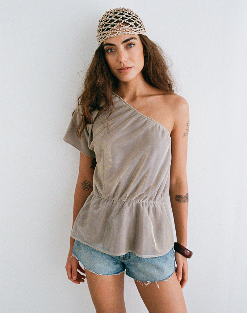 Image of Astria One Shoulder Tie Belt Top in Gold Plisse