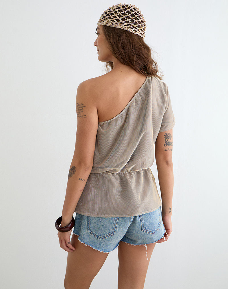 Image of Astria One Shoulder Tie Belt Top in Gold Plisse