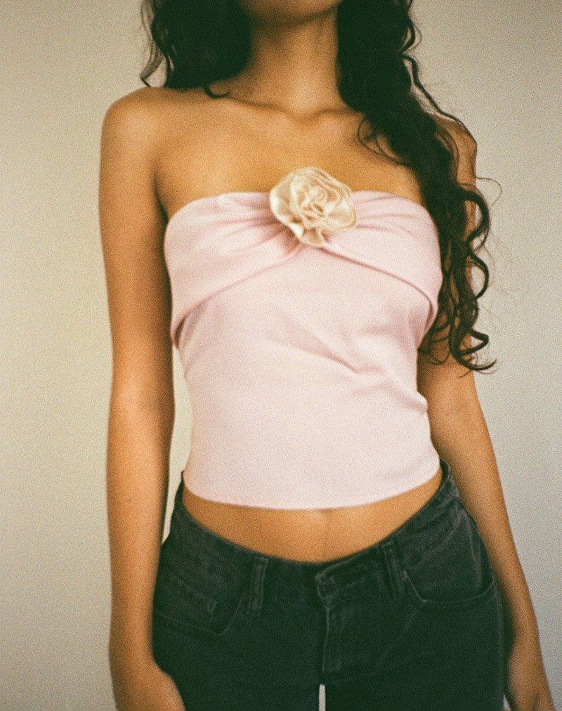 Image of Astrum Satin Bandeau Top in Pink with Ivory Rose