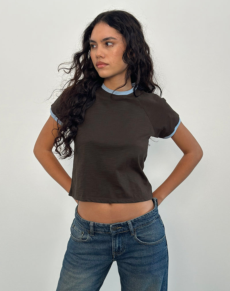 Image of Atenga Tee in Chocolate Brown with Light Blue Binding