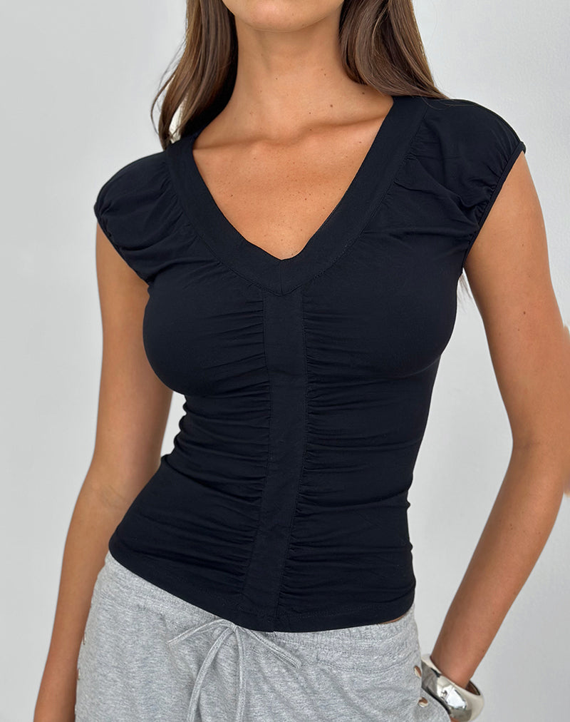 Image of Atheia Gathered V-Neck Top in Rayon Jersey Black