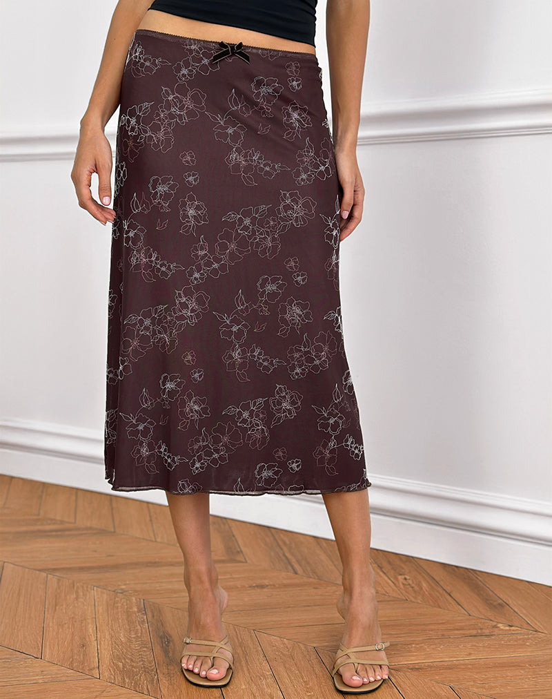 Jupe midi Atira, Doodle Flower Flock Brown